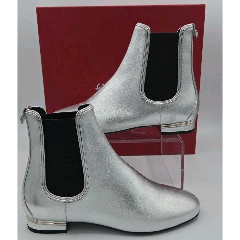 NWB Salvatore Ferragamo Aicha Silver Chelsea Ankle Boots Booties Womens Size 5